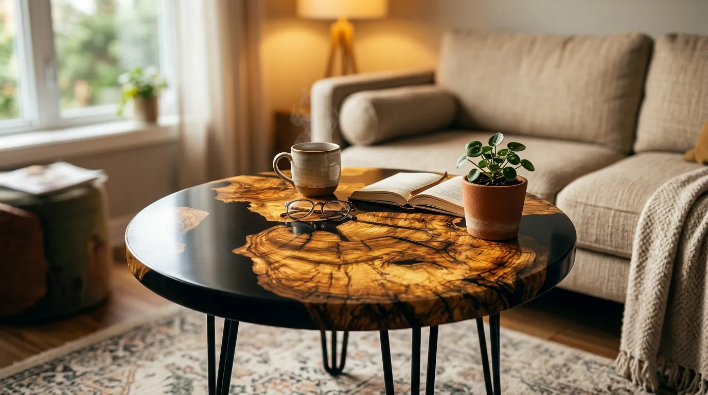 Olivenaske Burl Resin Rundt Sofabord — vinkel 4